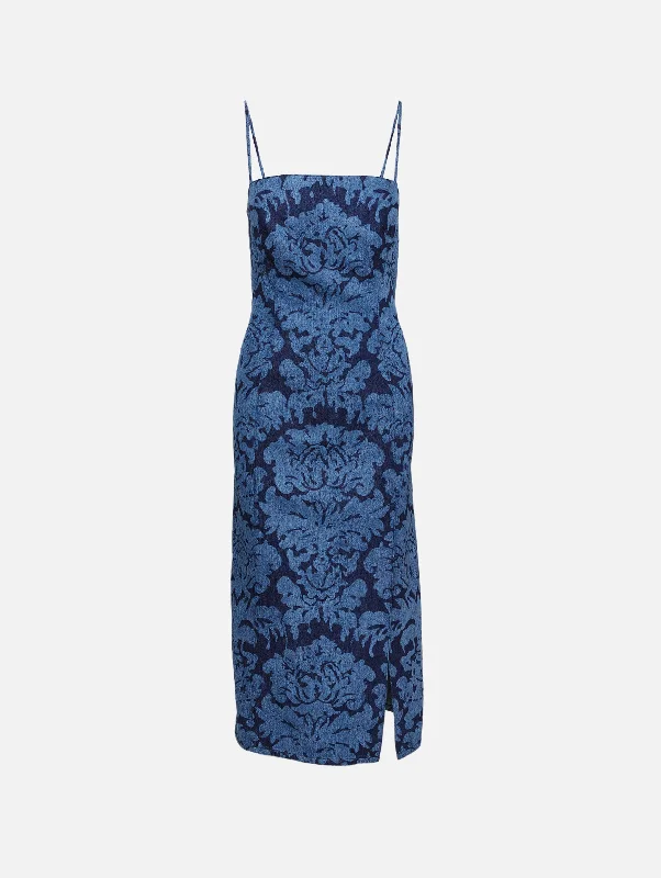 Damask Print Denim Dress