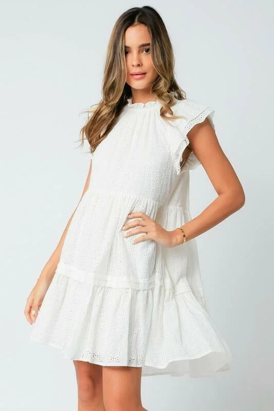 Dionne White Eyelet Flutter Sleeve Dress