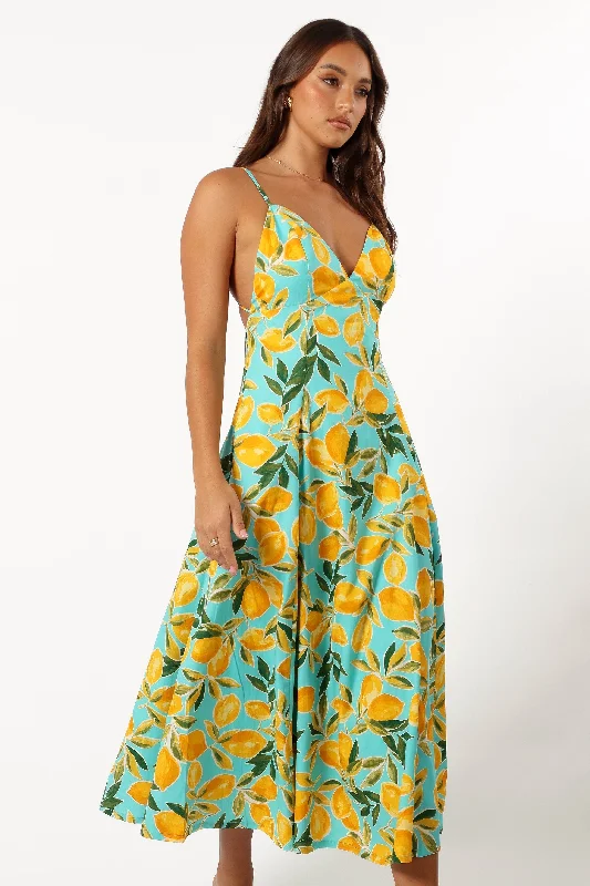 Emery Lemon Print Midi Dress - Sky Lemon