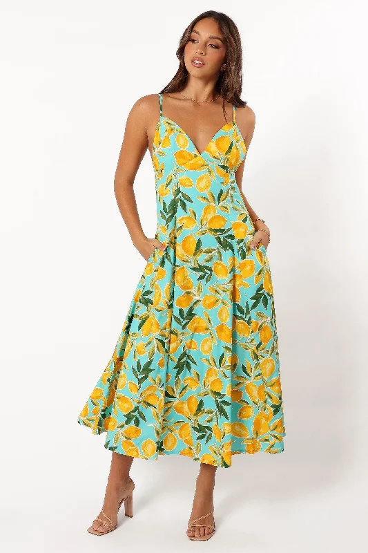 Emery Lemon Print Midi Dress - Sky Lemon