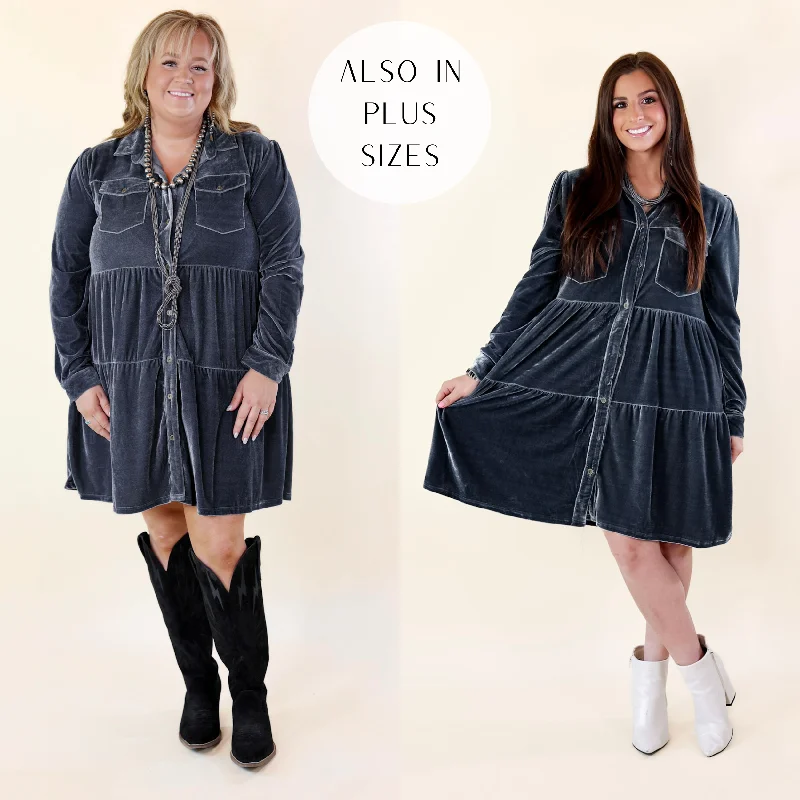 Grateful Gathering Velvet Button Up Dress with Long Sleeves in Steel Blue