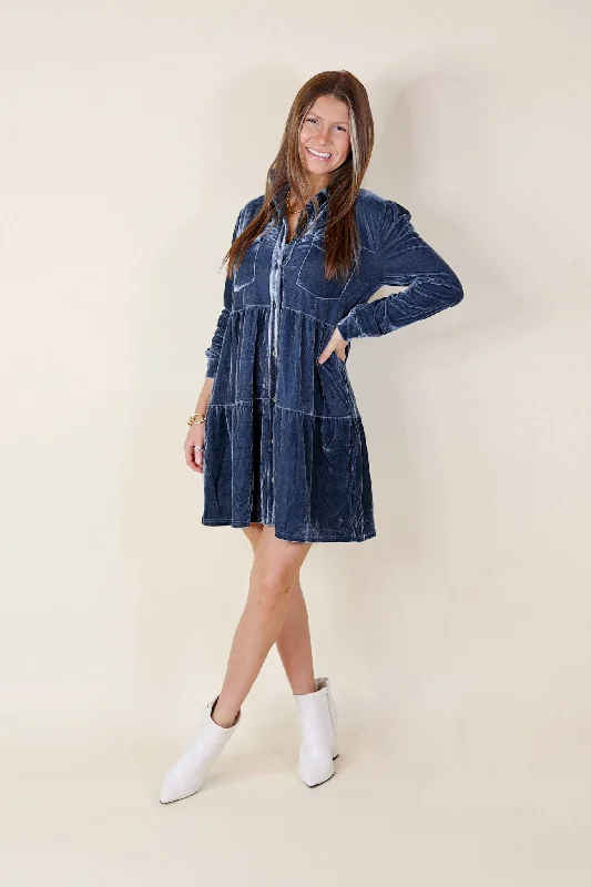 Grateful Gathering Velvet Button Up Dress with Long Sleeves in Steel Blue