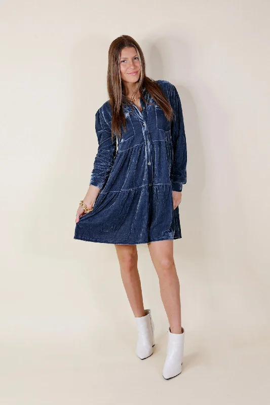 Grateful Gathering Velvet Button Up Dress with Long Sleeves in Steel Blue