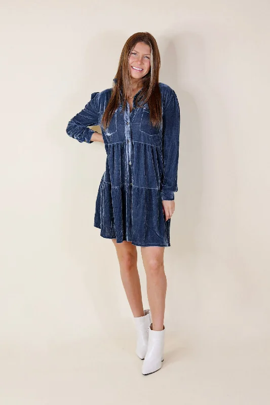 Grateful Gathering Velvet Button Up Dress with Long Sleeves in Steel Blue