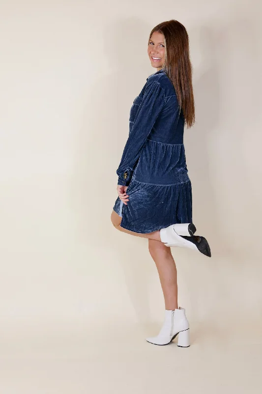 Grateful Gathering Velvet Button Up Dress with Long Sleeves in Steel Blue