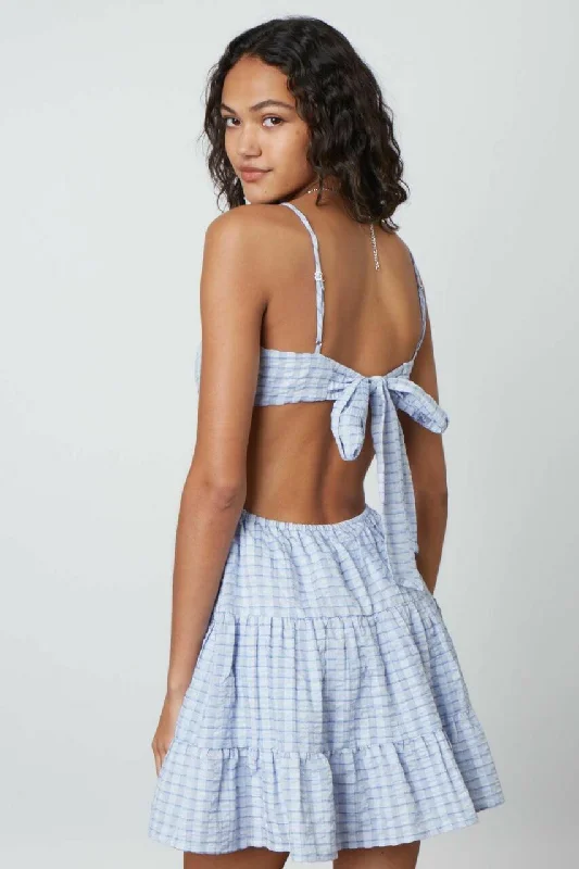 Juliet Indigo Stripe Print Backless Ruffled Mini Dress