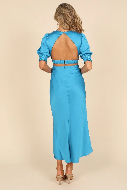 Juniper Puff Sleeve Buttoned Midi Dress - Blue