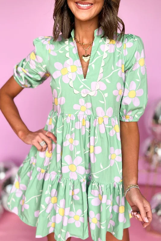 Karlie Green Daisy Printed Babydoll Scalloped Tiered Dress