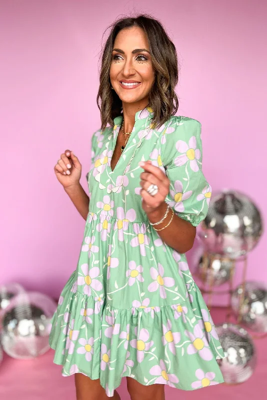 Karlie Green Daisy Printed Babydoll Scalloped Tiered Dress