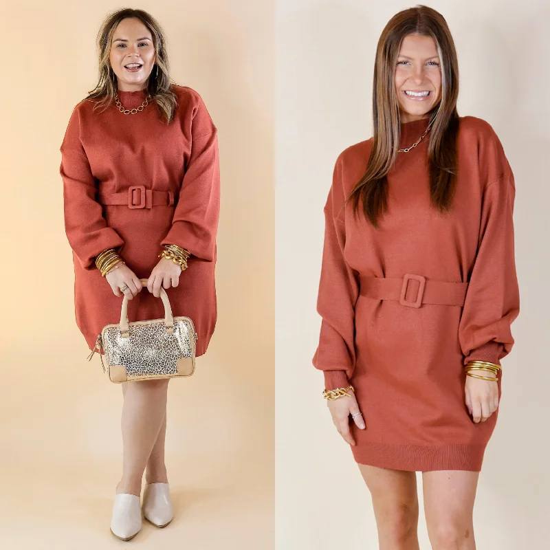 Luxurious Life Sweater Dress with Belt in Rust Red