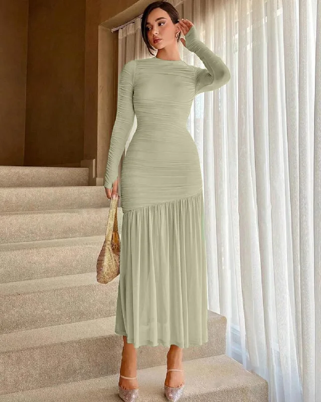 Mesh & Pleated Waist Cinched Long Sleeve Ruffled Green Dress