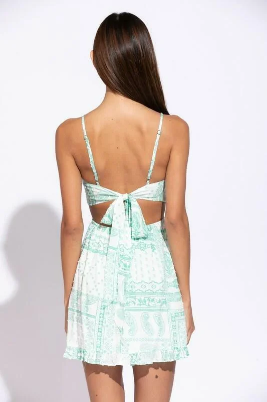 My Inspiration White and Green Print Cutout Mini Dress