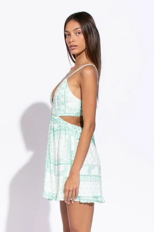 My Inspiration White and Green Print Cutout Mini Dress