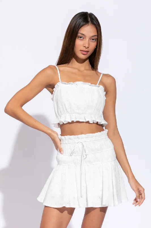 Pharos White Eyelet Cropped Two-Piece Skirt Set