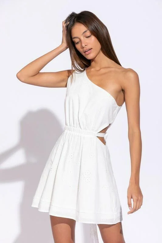 Poised For Grace White Eyelet One Shoulder Flare Dress