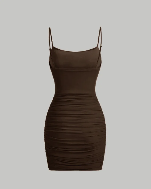 Ruched Mesh Cami Summer Short Bodycon Dress In Brown