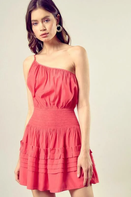 Sandra Flamingo Pink One Shoulder Mini Dress