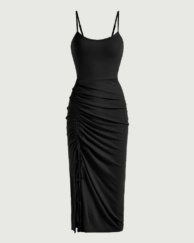 Solid Color Ruched Drawstring Midi Dress In Black