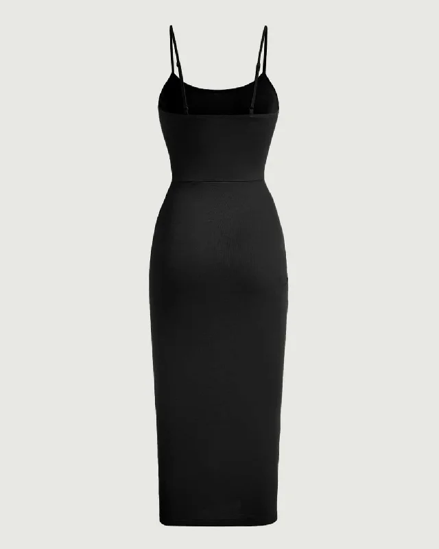 Solid Color Ruched Drawstring Midi Dress In Black