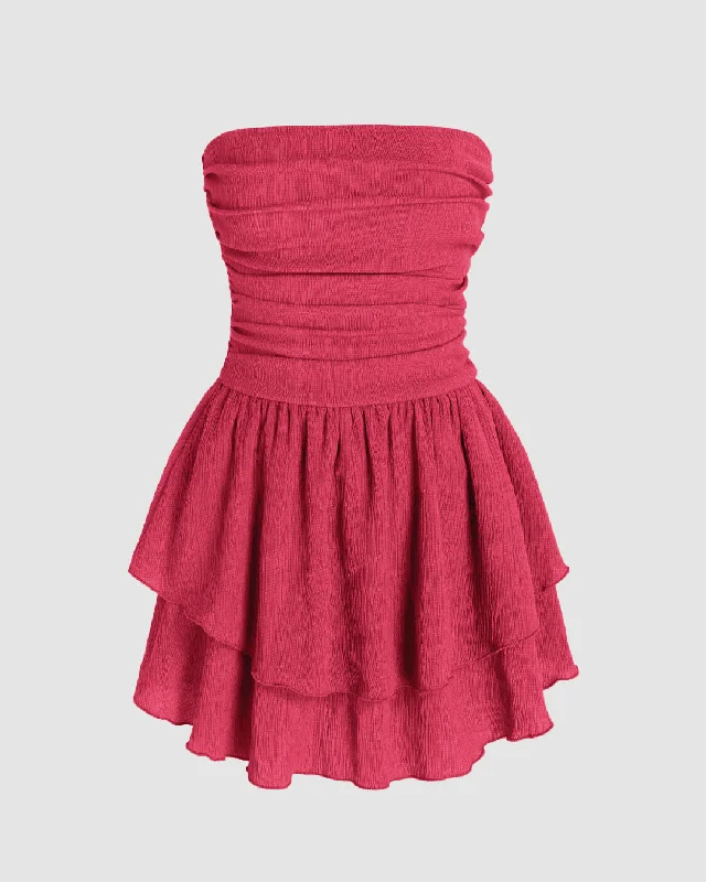 Solid Ruched Bust Ruffle Tube Dress In Pink