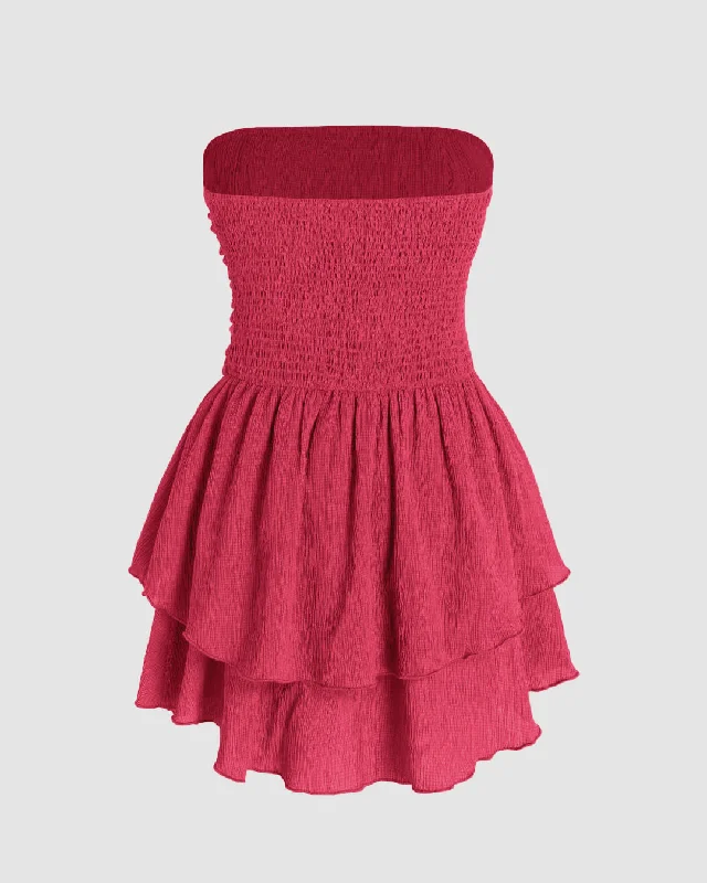 Solid Ruched Bust Ruffle Tube Dress In Pink