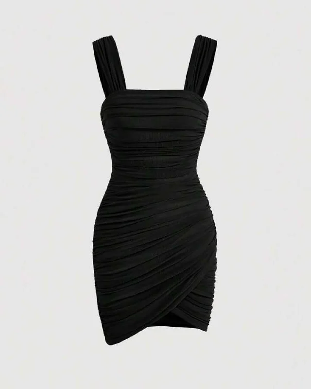 Solid Ruched Wrap Black Cami Dress