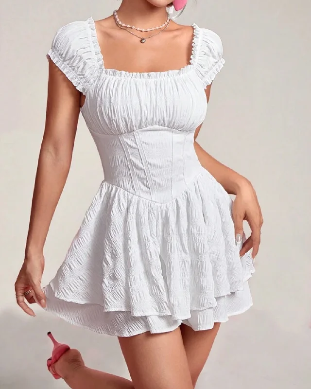 Square Neck On and Off Shoulder Double Layer Short Sleeve Dress In White