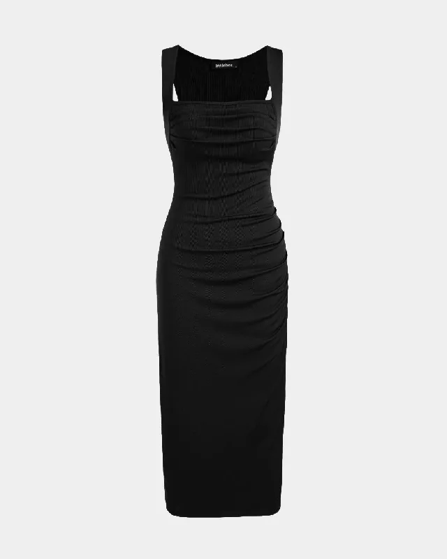 Square Neck Ruched Sleeveless Midi Dress In Black