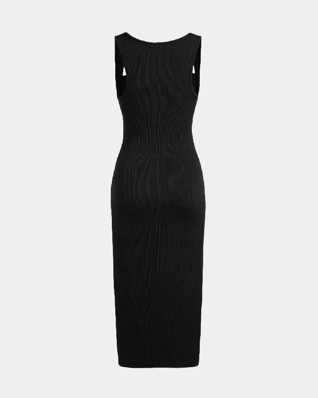 Square Neck Ruched Sleeveless Midi Dress In Black