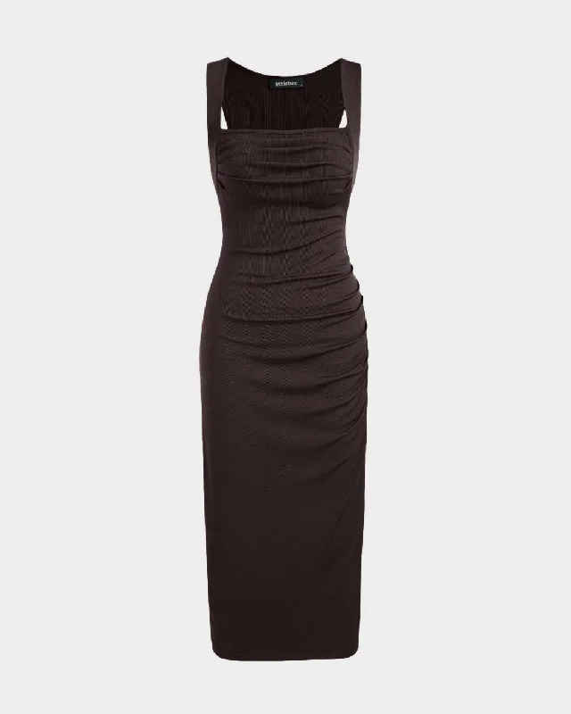 Square Neck Ruched Sleeveless Midi Dress In Dark Brown