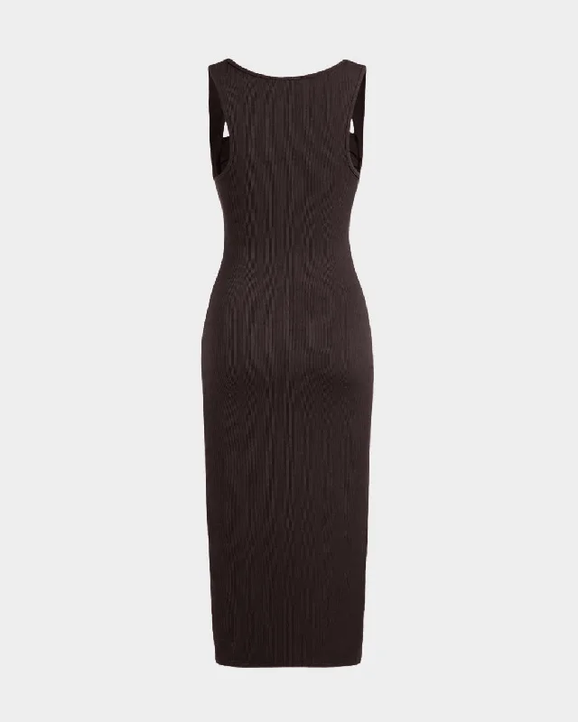 Square Neck Ruched Sleeveless Midi Dress In Dark Brown