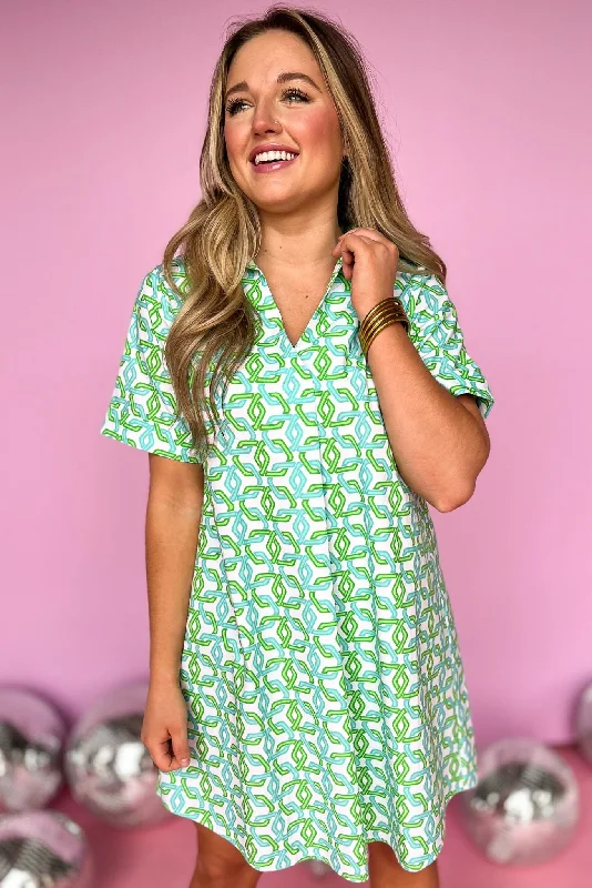 SSYS Turquoise And Green Chain Link Print Collared Poplin Dress