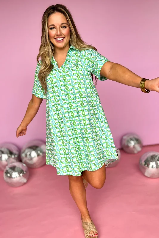 SSYS Turquoise And Green Chain Link Print Collared Poplin Dress