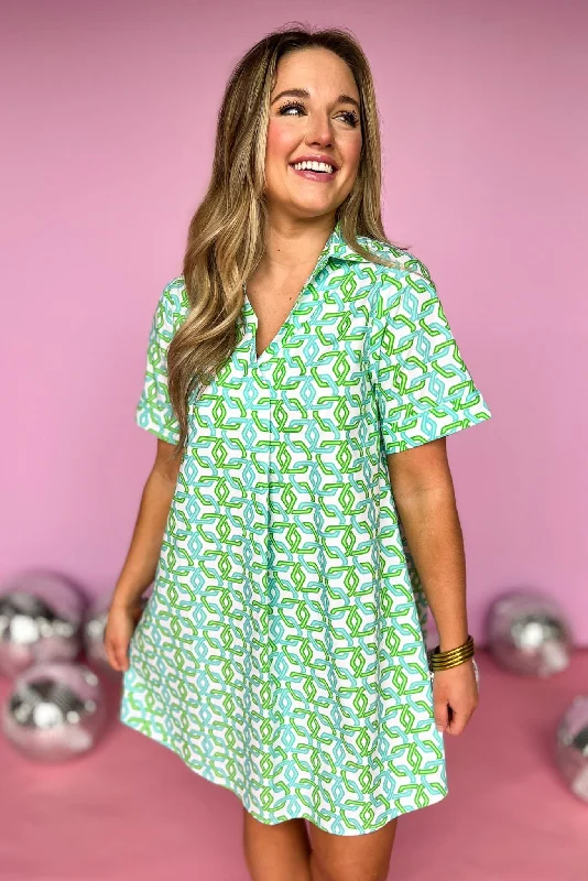 SSYS Turquoise And Green Chain Link Print Collared Poplin Dress