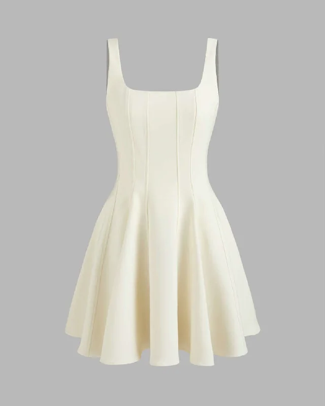 Woven Square Neck Ruffle Off White Mini Dress