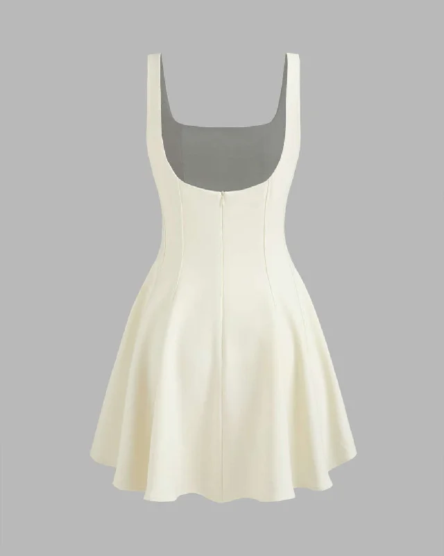 Woven Square Neck Ruffle Off White Mini Dress