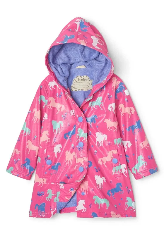 Hatley Girls Painted Pasture Changing Colour Raincoat, Pink