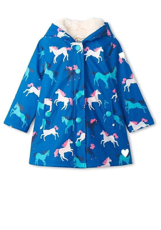 Hatley Prancing Horses Colour Changing Fleece Lined Raincoat, Blue