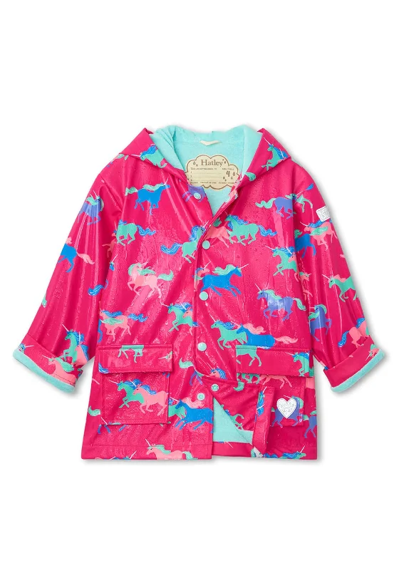 Hatley Unicorns Fleece Lined Colour Changing Raincoat, Pink