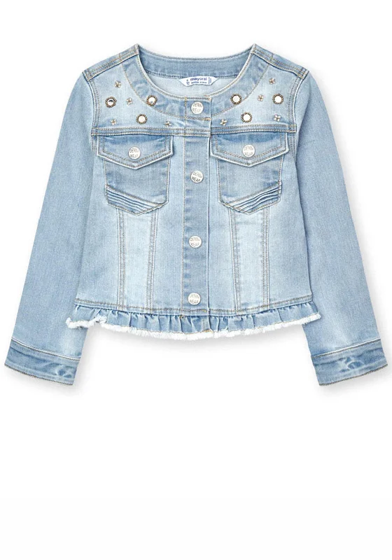 Mayoral Girls Embellished Trim Denim Jacket, Pale Blue