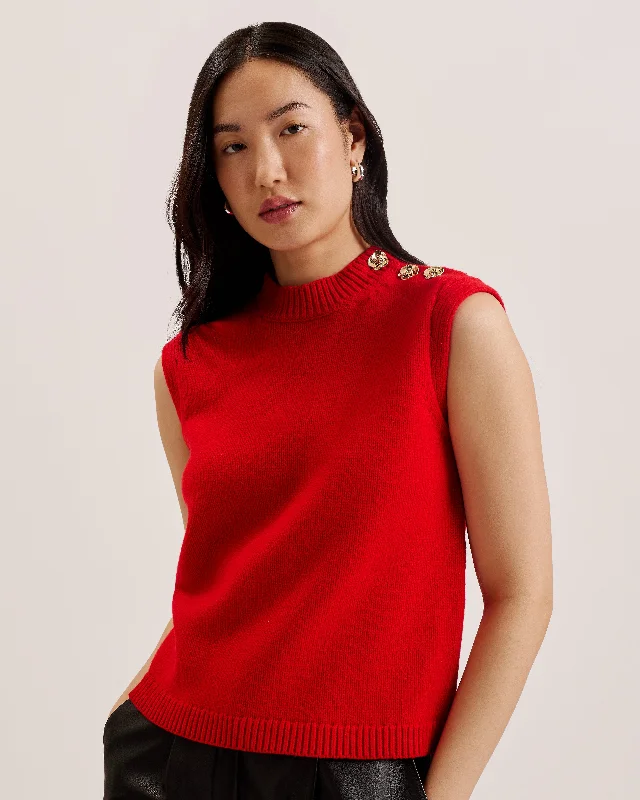 Rondher Rose Button Crew Neck Tank Red