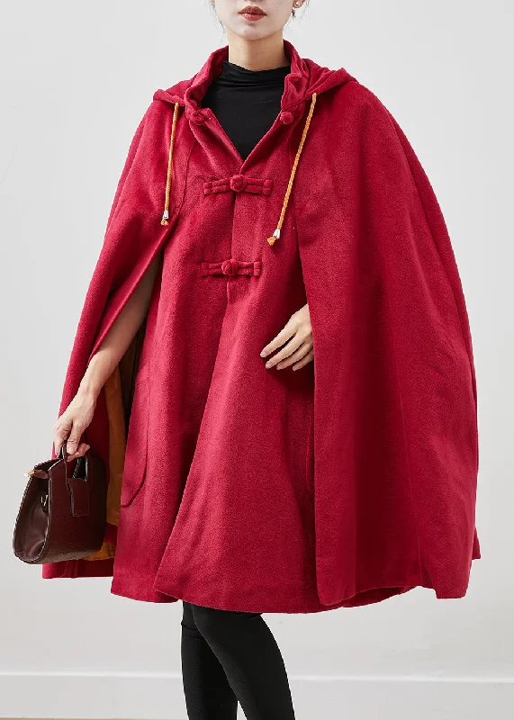 Women Red Hooded Chinese Button Warm Fleece Coats Cloak Sleeves