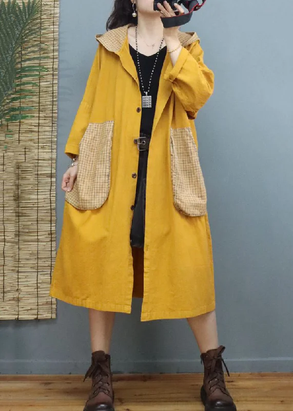 Yellow Button Patchwork Long Cotton Coats Hooded Long Sleeve