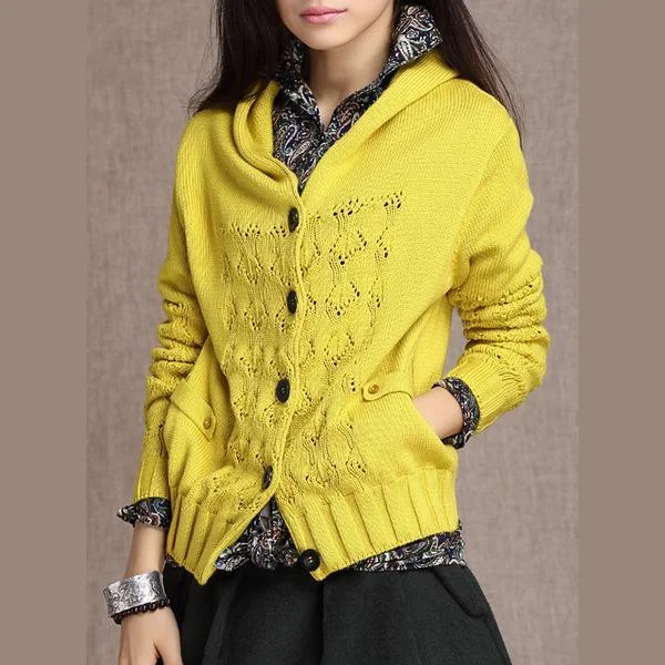 Yellow hooded knitted cardigan coat