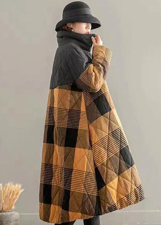 Yellow Pockets Plaid Patchwork Fine Cotton Filled Coats Button Winter