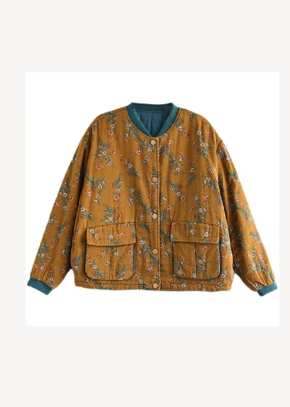 Yellow Pockets Print Patchwork Fine Cotton Filled Jacket Winter