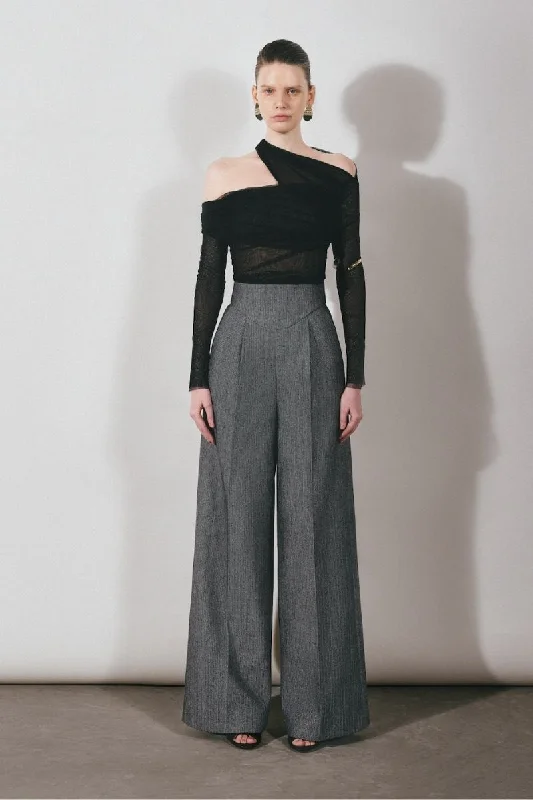 GRAY PLEATED HIGH-RISE PANTS