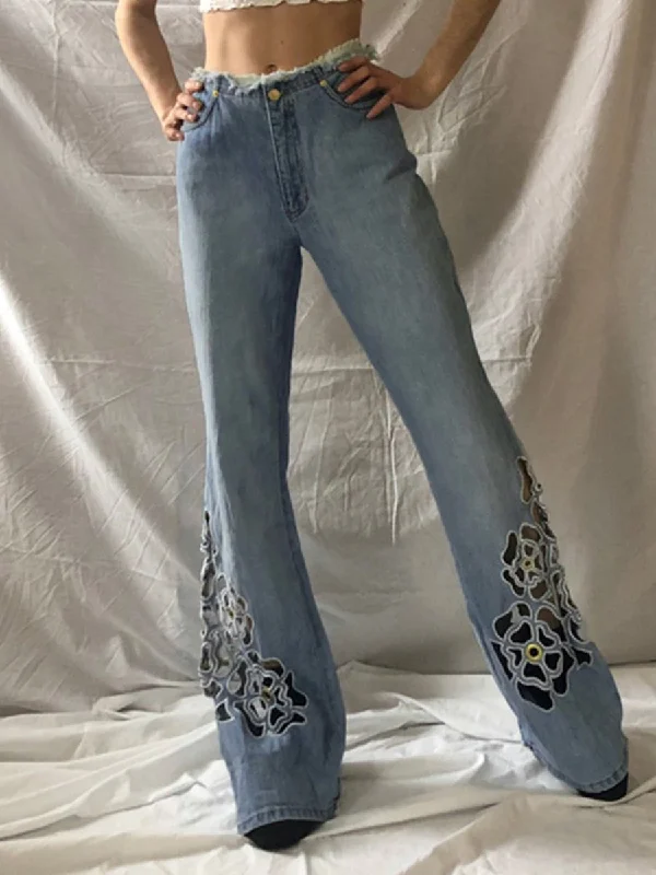 Hollow Butterfly Embroidered Straight Jeans