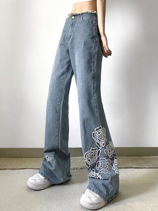 Hollow Butterfly Embroidered Straight Jeans