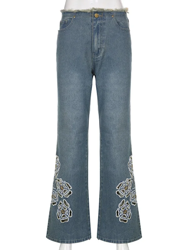 Hollow Butterfly Embroidered Straight Jeans